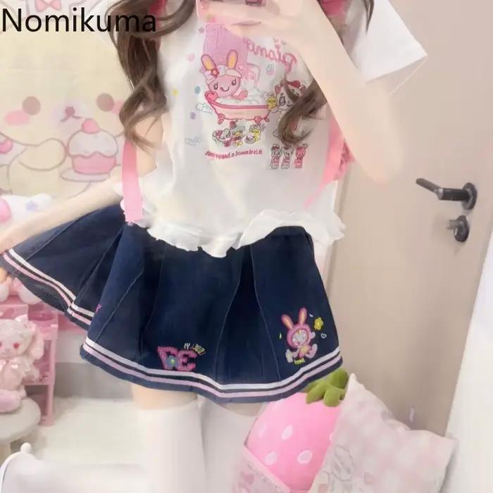 Denim Mini jupes 2025 Faldas Mujer De Moda mignon a-ligne douce Jupe été Chic Saia dessin animé broderie plissée Y2k