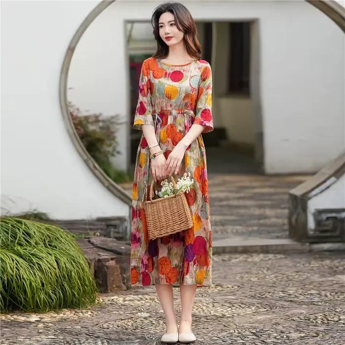 Robe longue en coton à manches mi-longues pour femmes, imprimé floral, lin, vintage, mode, vacances, style voyage, plage, robes décontractées, été