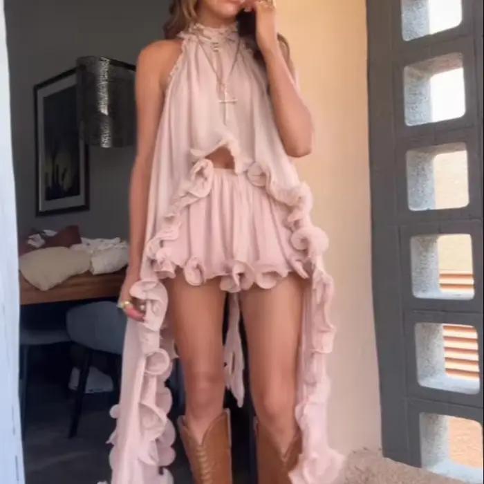 Ensemble deux pièces élégant polyester haut court à lacets jupe taille basse volants haut de gamme pour femmes printemps été vintage