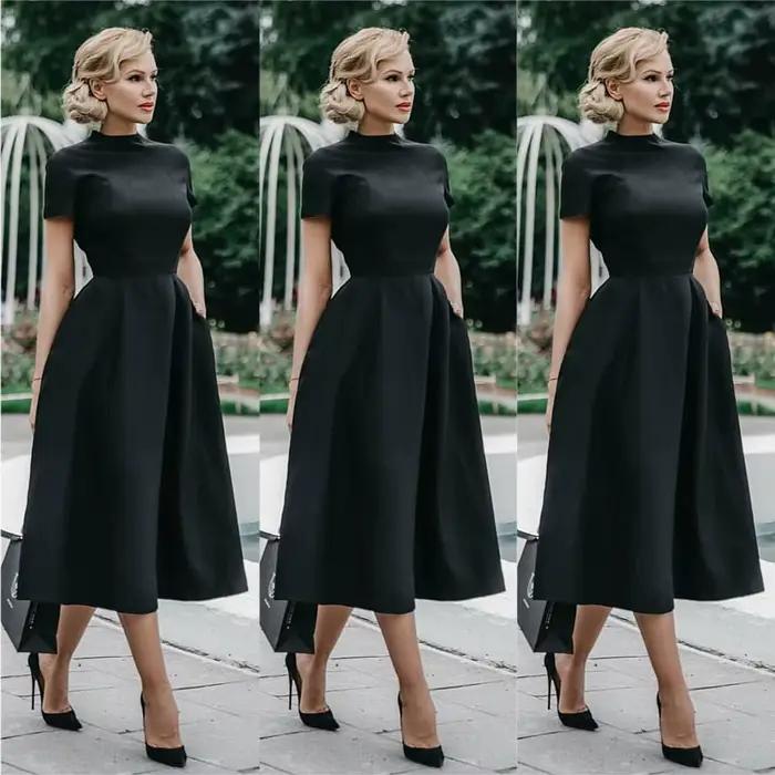 Robe mi-longue noire élégante pour femme, col mi-haut, taille haute, robes trapèze, coupe couvertes, femme de bureau, monochromatique, robe éducative