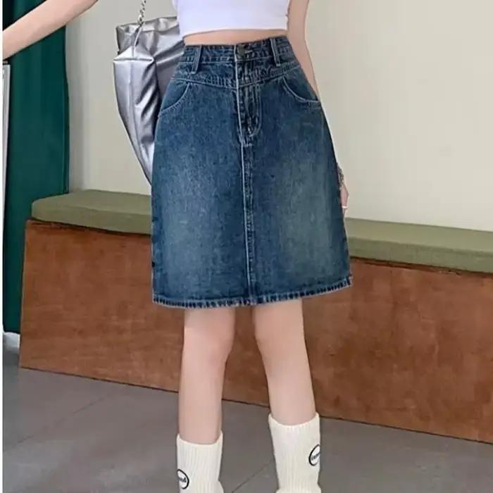 Mini jupe en Denim délavé rétro, taille haute, amincissante, ligne a, demi-corps, jupe enveloppante, en coton tricoté, fermeture éclair, décoration