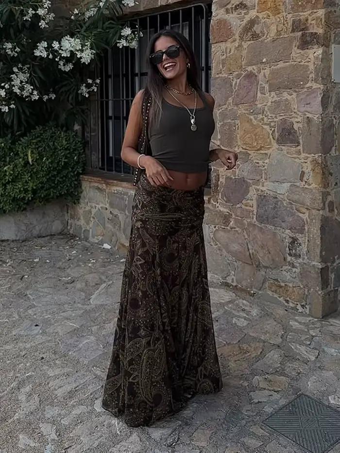 Mode imprimé jupe longue femmes taille haute cheville longueur