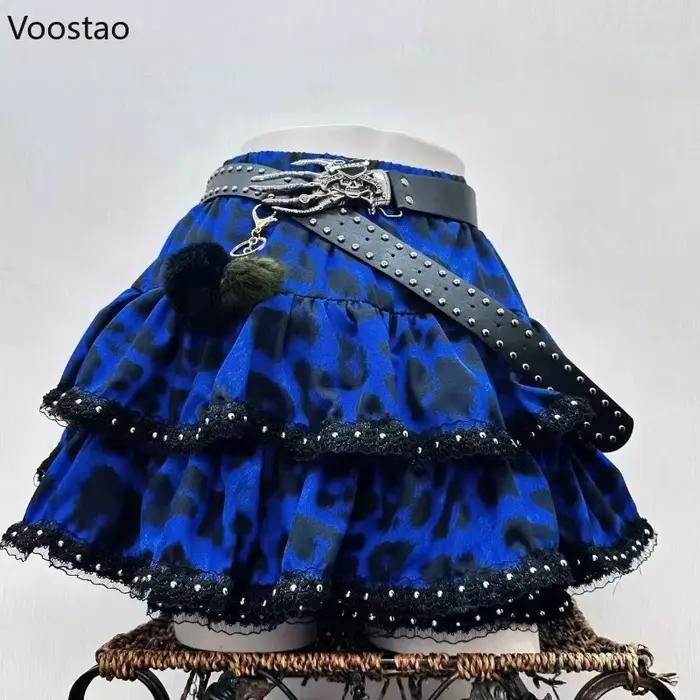 Jupe en jean style Lolita vintage japonaise esthétique Y2K pour femmes mini gothique imprimé léopard streetwear Harajuku punk JK sortie nocturne