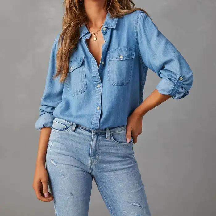 2025 nouvelle chemise en jean automne mode décontracté revers simple boutonnage femmes chemise à manches longues