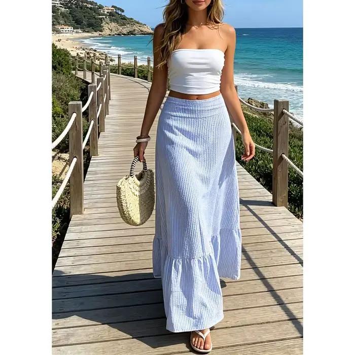 Jupe longue maxi évasée à volants et rayures gingham pour femme