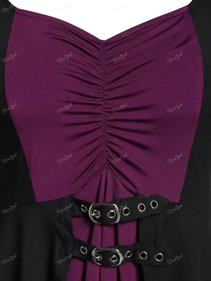 Tunique T-shirt Gothique Grande Taille pour Femme, Manches Longues, Bicolore, à Lacets au Dos, Froncée, avec Oeillets et Boucles, Ourlet Asymétrique