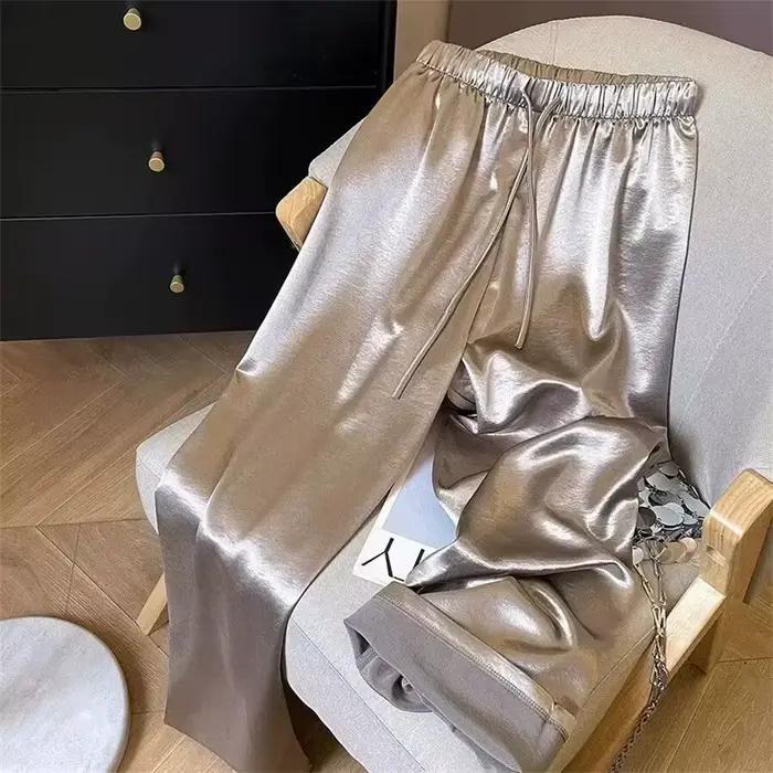 Pantalons décontractés de mode coréenne taille haute mince jambe large femmes printemps été bureau couleur unie plissés droit tout-match décontractés