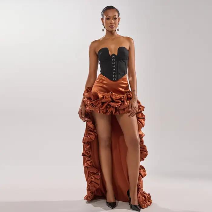 Nouvelles jupes longues asymétriques orange brûlé avec détails à volants