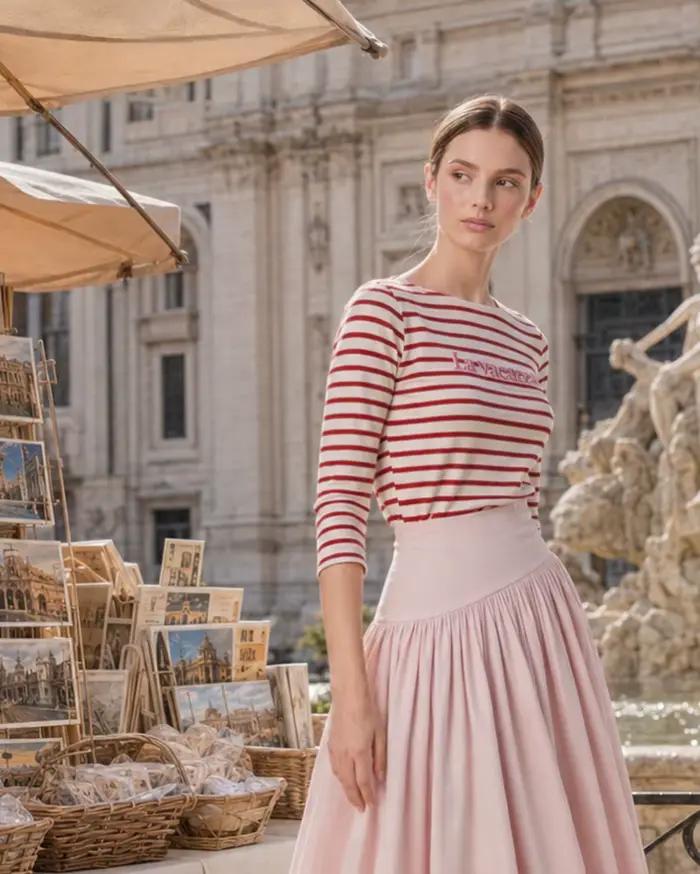 Jupe midi évasée rose poudré taille haute coupe trapèze