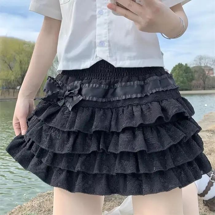 Style japonais Kawaii Lolita Mini jupe femmes gothique taille haute à volants jupes à plusieurs niveaux doux Girly été