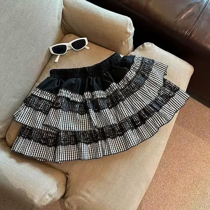 Mini-jupe bouffante à carreaux en dentelle couleur citrouille