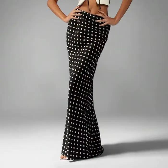 Mince Polk Dot jupe longue noir Chic élégant Vintage hanche taille haute rue Maxi jupes bureau dame trajet Streetwear 2025 décontracté