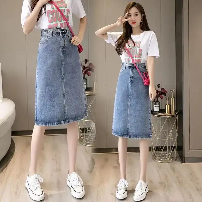 Jupe en jean mi-longue avec poche ronde pour femme