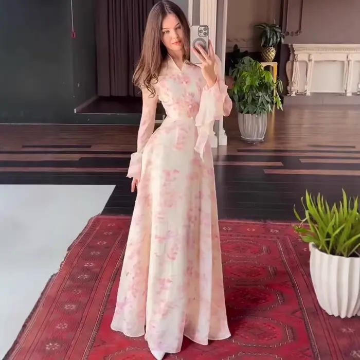 Robe longue pour femme, style streetwear, imprimé floral, coupe trapèze, col en V, manches évasées, coupe ajustée, élégante, avec empiècements, pour soirée, 2026