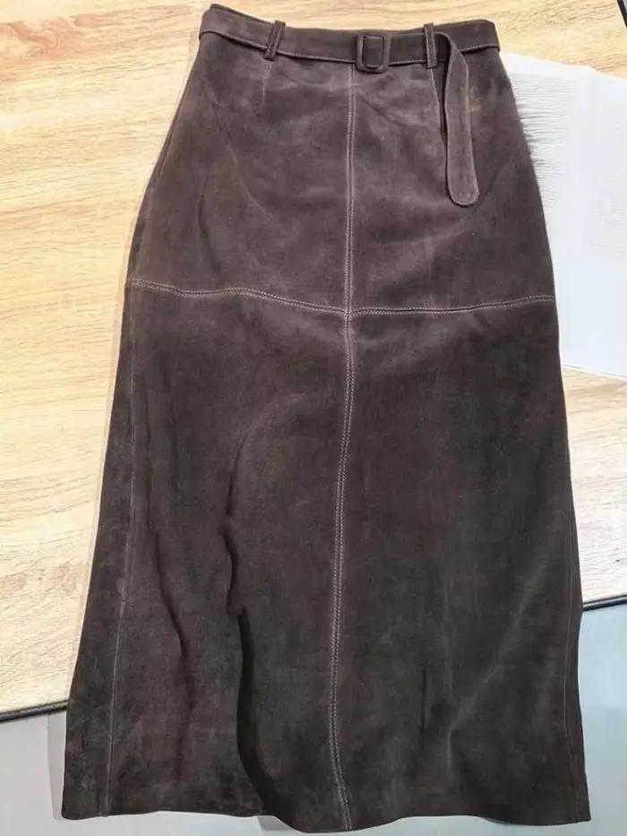 Jupes longues rétro en daim et cuir véritable pour femmes