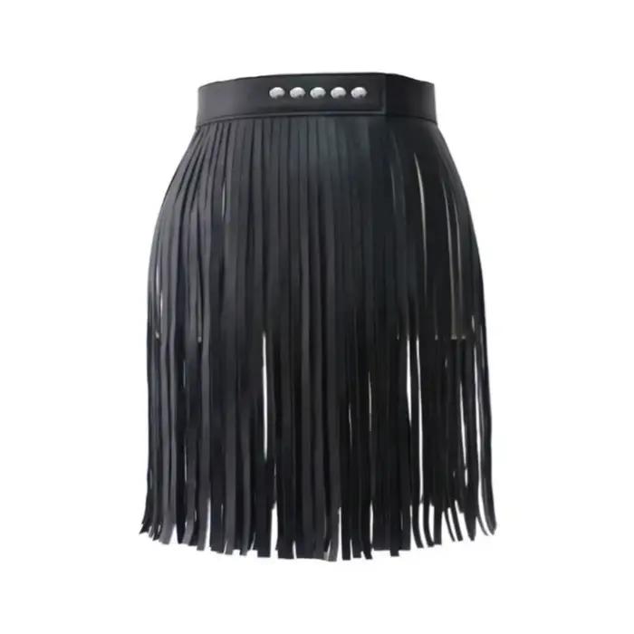 Jupe longue à franges et pompons en similicuir, taille haute, ajustable, style punk rock bohème, avec ceinture, pour tenue de club