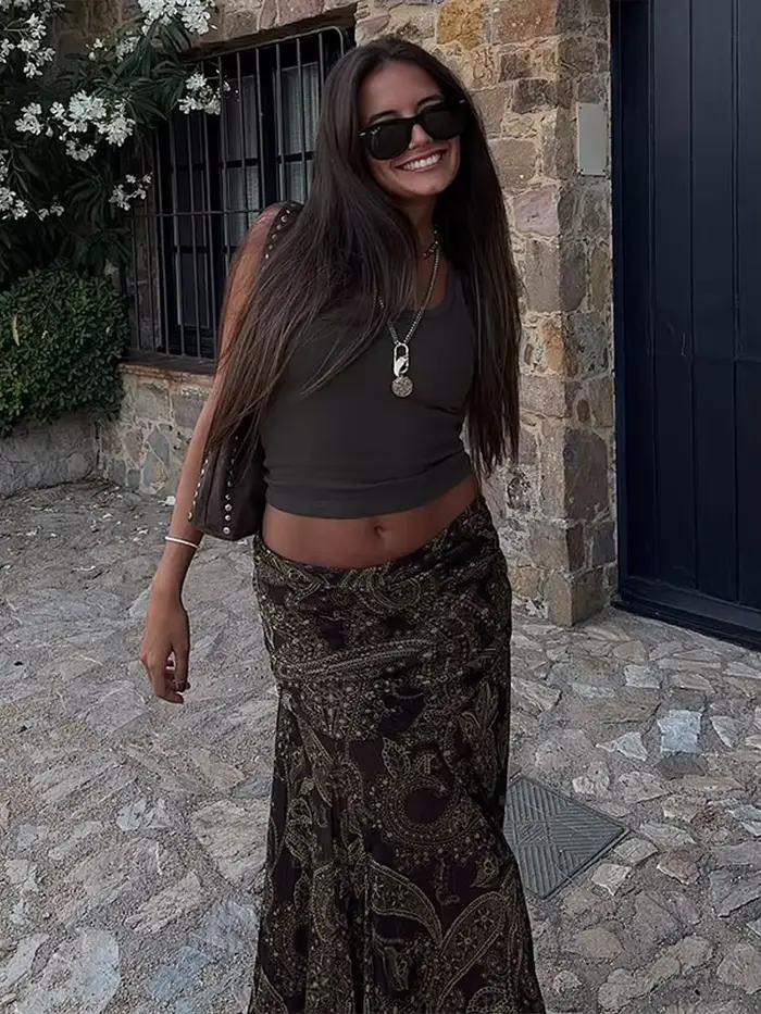 Mode imprimé jupe longue femmes taille haute cheville longueur