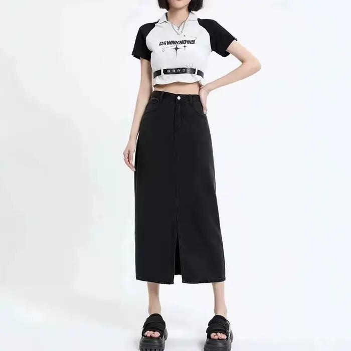 Jupe mi-longue en jean noir New Tang taille haute décontractée pour femmes été voyage style frais et élégant polyvalent occasions spéciales