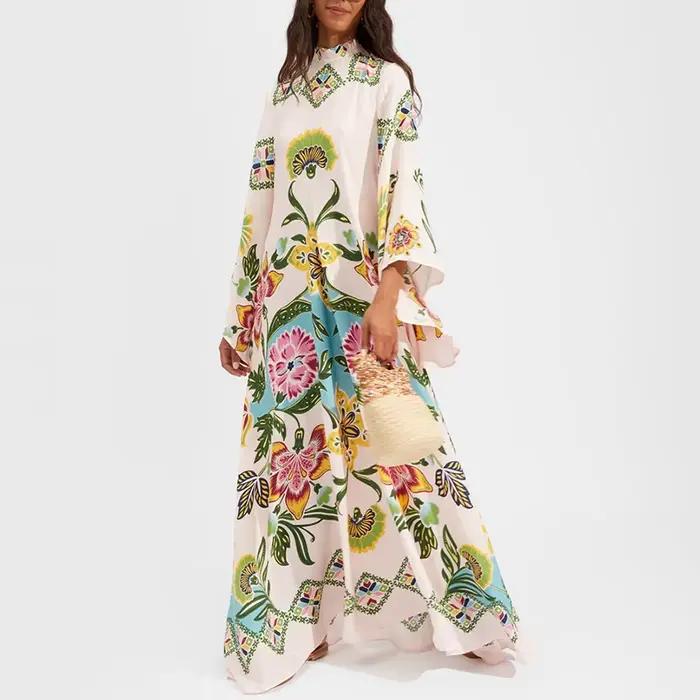 Robe longue ethnique rétro imprimée style Boho pour femmes, Sexy, col montant, à lacets, robe de soirée, manches longues, ample, Maxi, automne