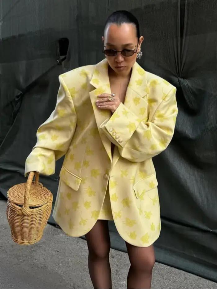 Ensemble décontracté jupe et blazer imprimé pour femme – Manteau élégant à revers et boutons