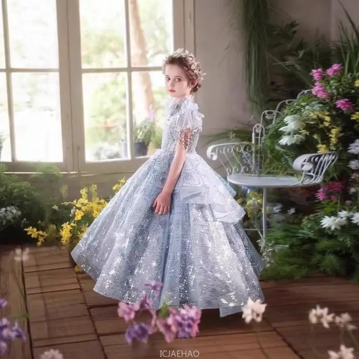Robe longue de luxe pour filles, tenue princesse d'anniversaire, à fleurs, robes de mariée, tenue de spectacle de Piano pour enfants