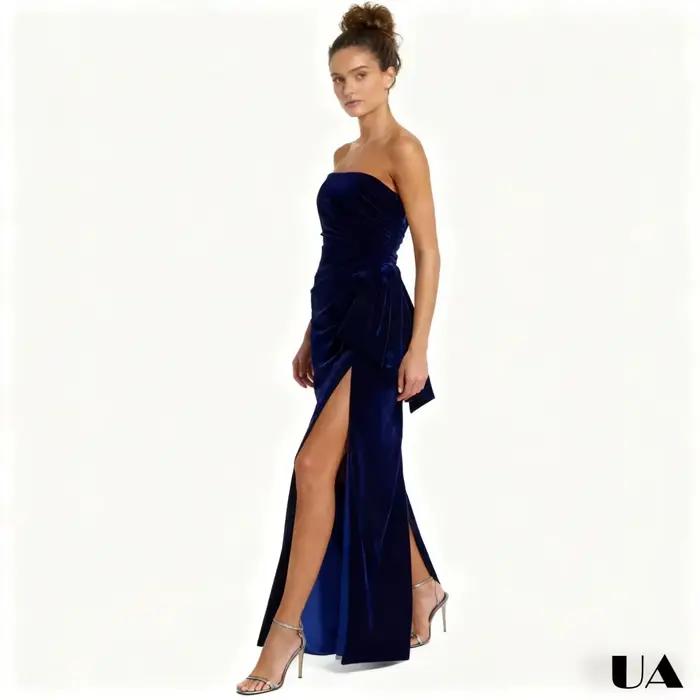 Robe de bal fourreau longue Simple sans bretelles, robe de soirée drapée unie de taille sur mesure, robe de soirée sans manches bleu foncé à fente haute