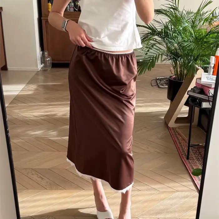 Hirigin Patchwork Satin automne nouvelle ligne a dentelle femmes solide jupe droite taille haute