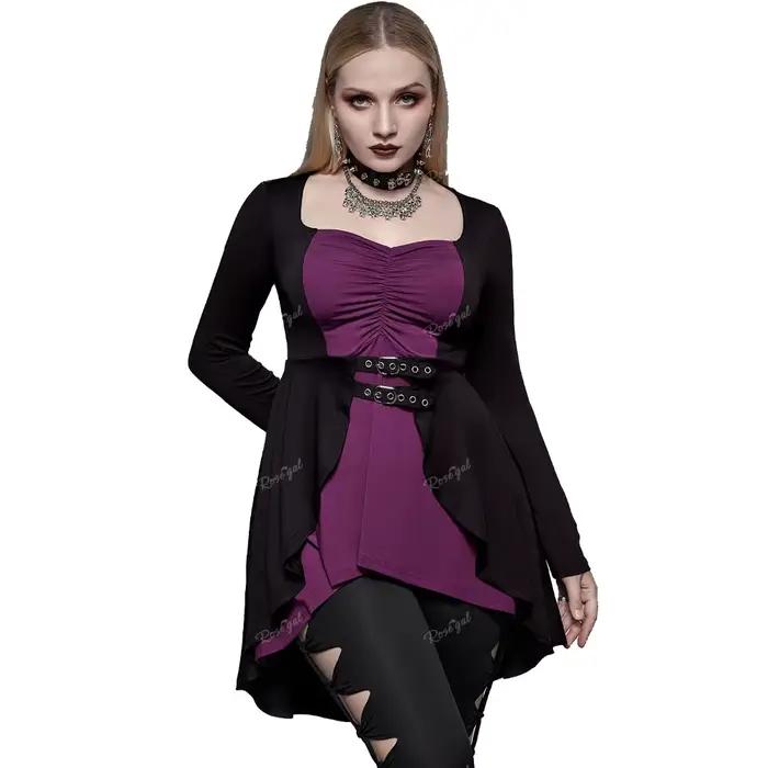 Tunique T-shirt Gothique Grande Taille pour Femme, Manches Longues, Bicolore, à Lacets au Dos, Froncée, avec Oeillets et Boucles, Ourlet Asymétrique