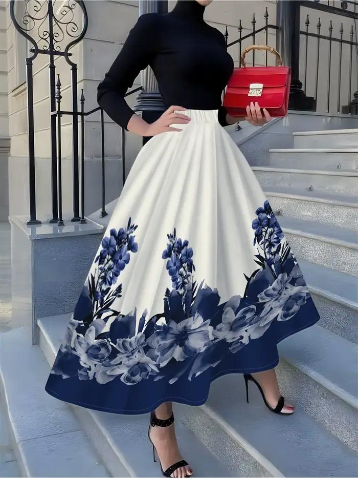 Jupe plissée mi-longue décontractée taille haute pour femme