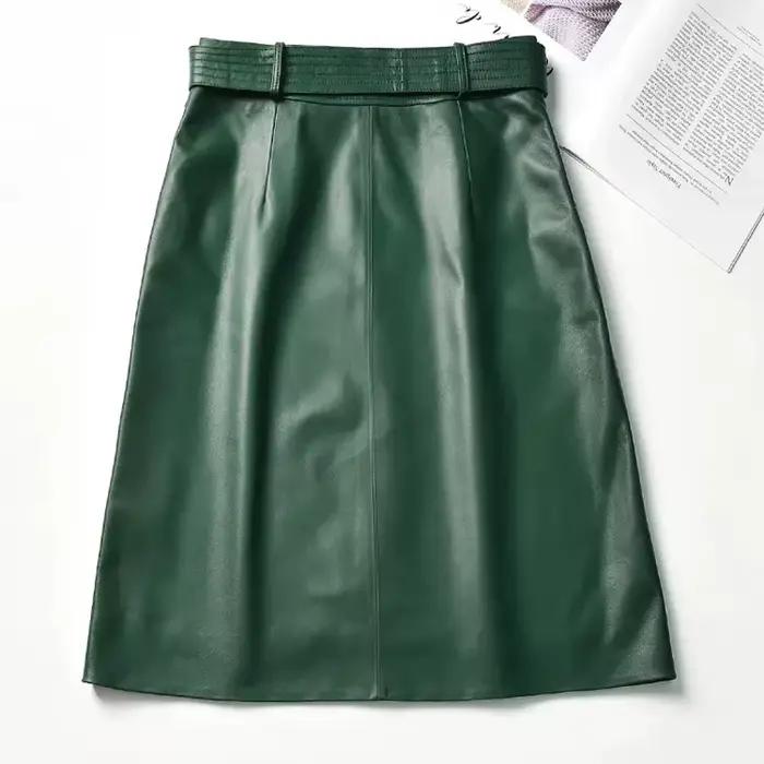 Jupe en cuir véritable Recurfs Youni avec poches, coupe une ligne, élégante pour femmes, occassions formelles et quotidiennes