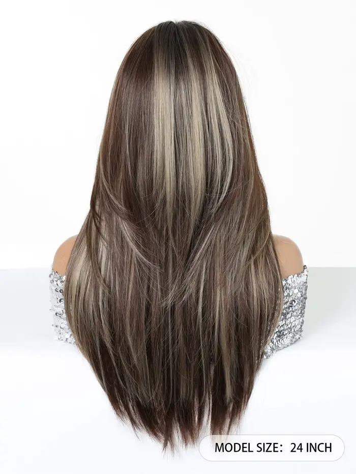 Perruque longue et droite ombrée blond-brun pour femmes avec frange douce, en fibre synthétique résistante à la chaleur, aspect naturel pour usage quotidien et cosplay