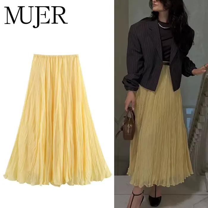 MUJER jupes longues plissées jaunes pour femmes jupe Midi taille haute superposée femme été
