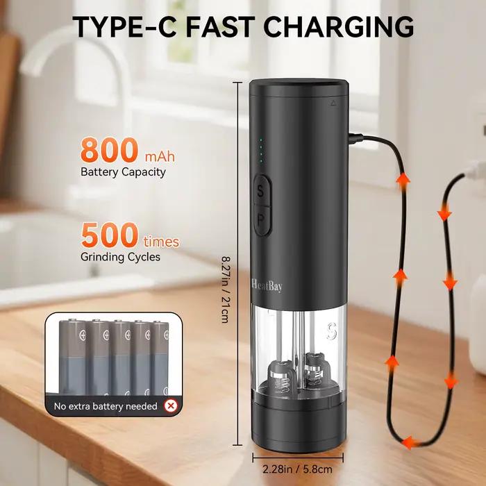 Moulin à poivre rechargeable par USB avec lumière LED, réglage de la grosseur, conçu pour une utilisation à une main en cuisine