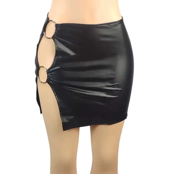 Mini-jupe moulante vintage en similicuir PU avec anneau métallique et fente latérale
