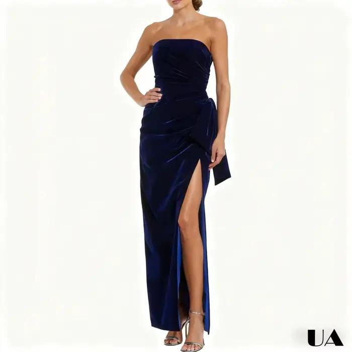 Robe de bal fourreau longue Simple sans bretelles, robe de soirée drapée unie de taille sur mesure, robe de soirée sans manches bleu foncé à fente haute
