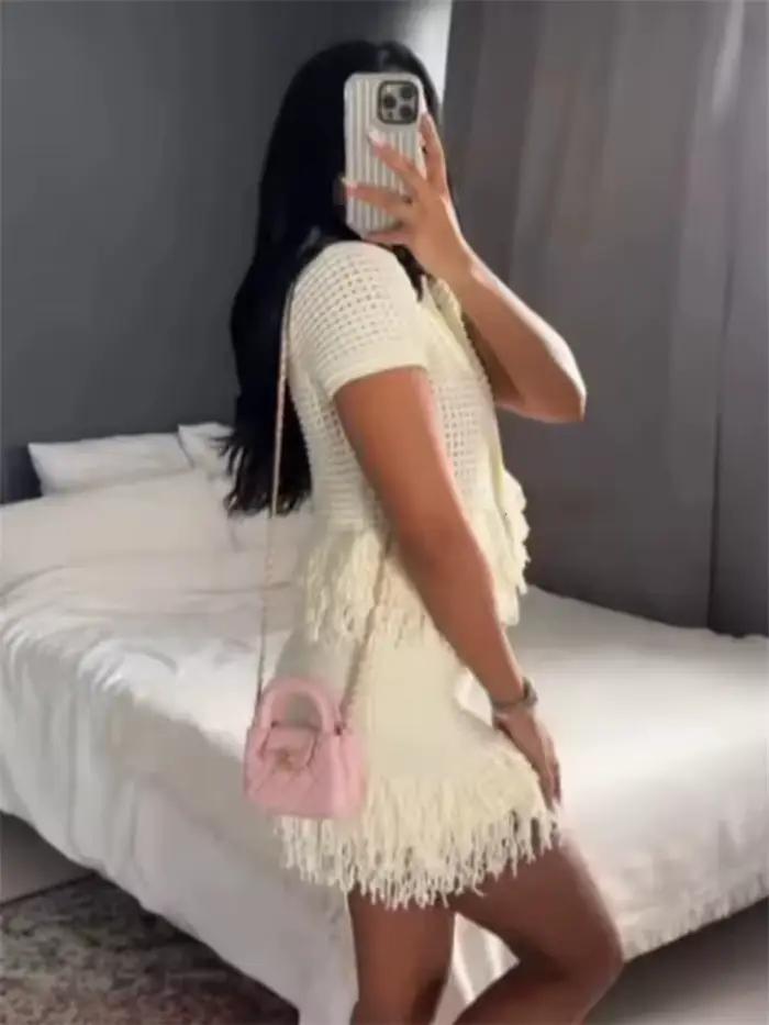 Femmes tricot gland jupe ensembles évider revers demi manches haut + plissé Mini jupes costume 2025 été dame 2 pièces ensemble tenues