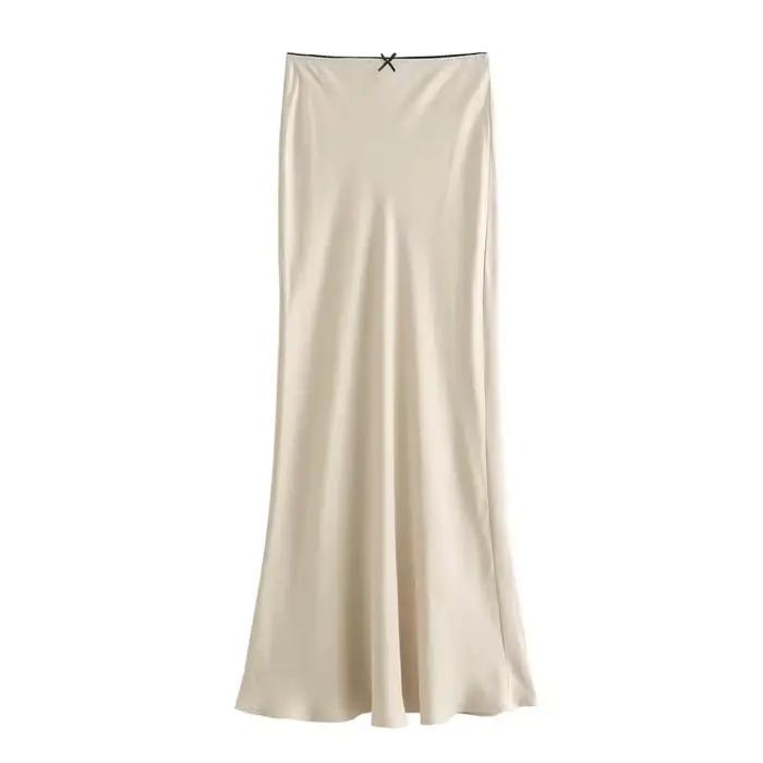 MUJER noir Satin jupe femme nœud élégant jupes longues pour les femmes 2025 été taille haute