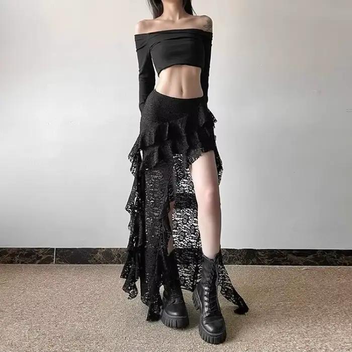 Jupe gothique années 2000 en acétate et polyester pour femmes, style décontracté, Gyaru Kpop, Streetwear, longue et asymétrique, pour les occasions spéciales ```