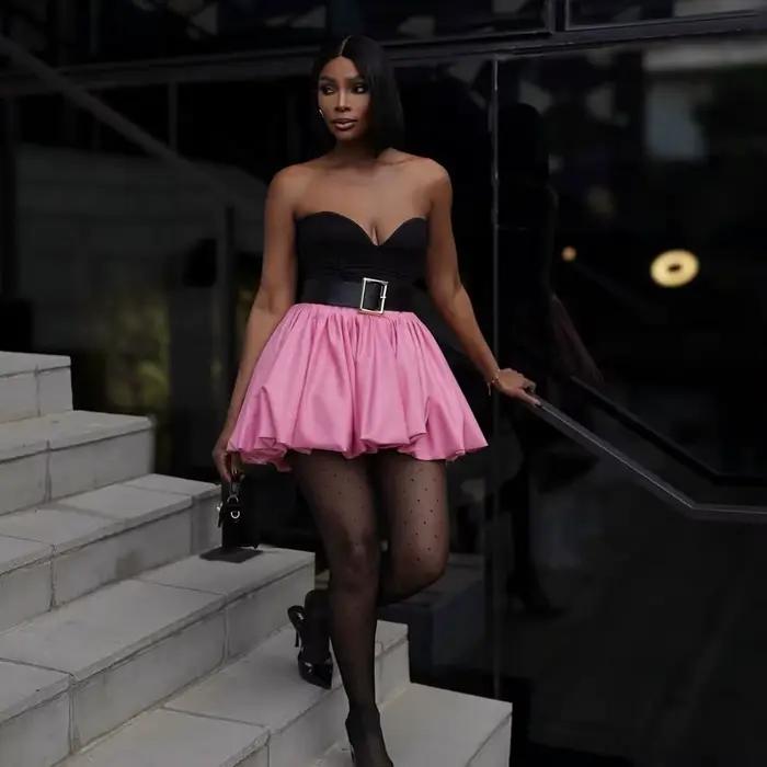 Jupe courte rose taille haute pour femme style bulle à la mode pour la plage club streetwear et danse occasions spéciales