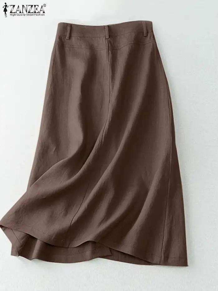 ZANZEA élégant coton Midi jupes décontracté boutonné a-ligne Jupe femmes taille haute