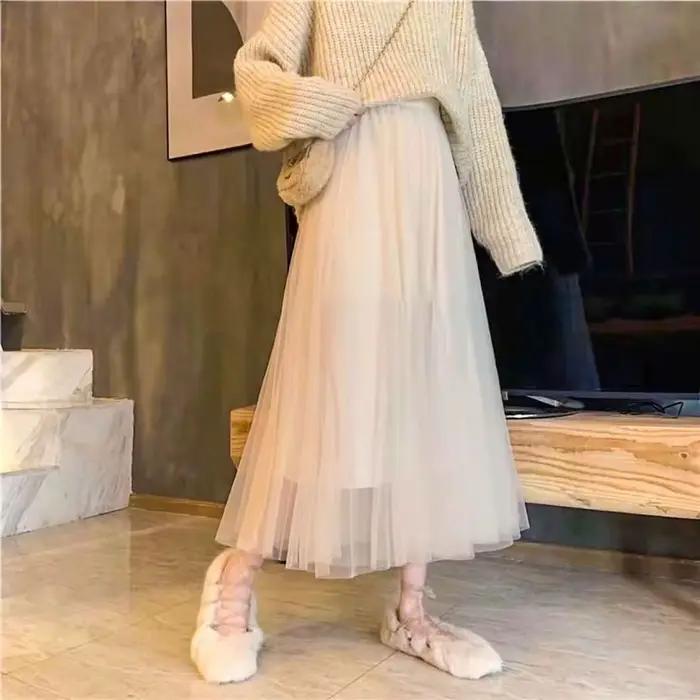 Vintage Tulle jupe femmes Streetwear élastique taille haute maille jupes plissées été élégant coréen une ligne bureau dames jupe nouveau