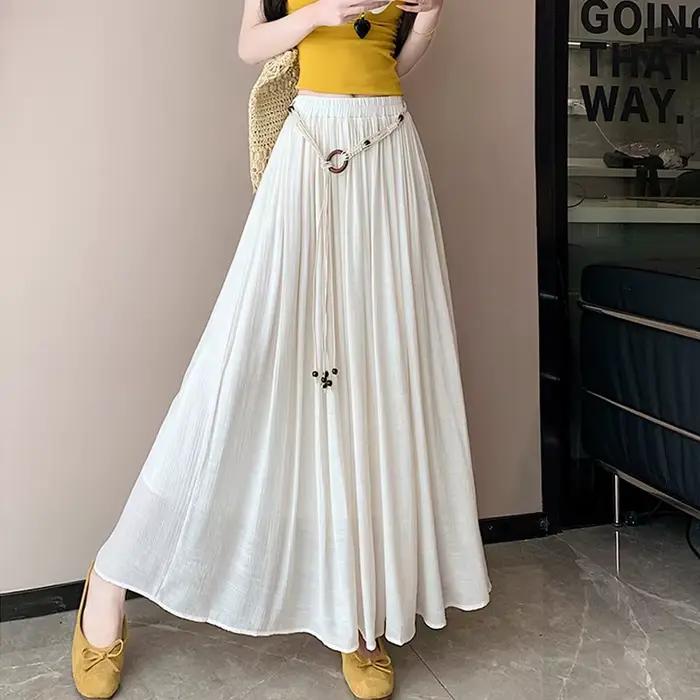 Boho femmes jupe coton lin jaune femme jupes taille haute Harajuku 2025 tendance luxe élégant Vintage