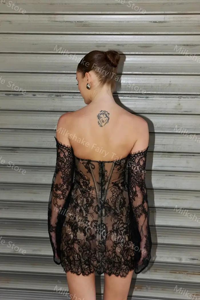 Robes de cocktail noires vintage, épaules dénudées, robes de bal entièrement en dentelle, manches longues, mini robes personnalisées pour occasions spéciales