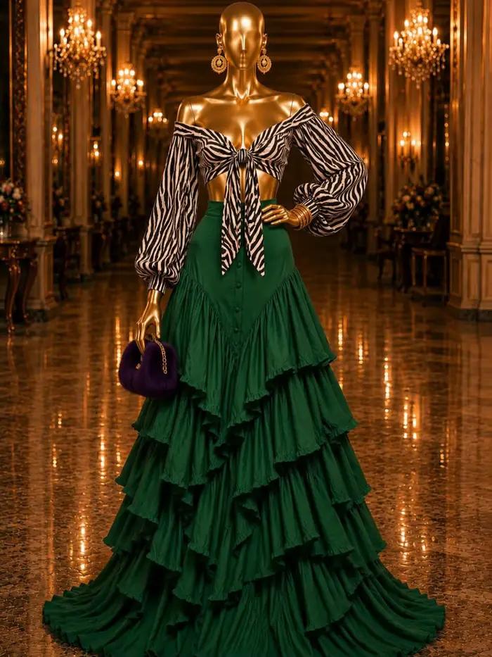 Jupe longue vintage en satin vert émeraude à volants étagés pour femme