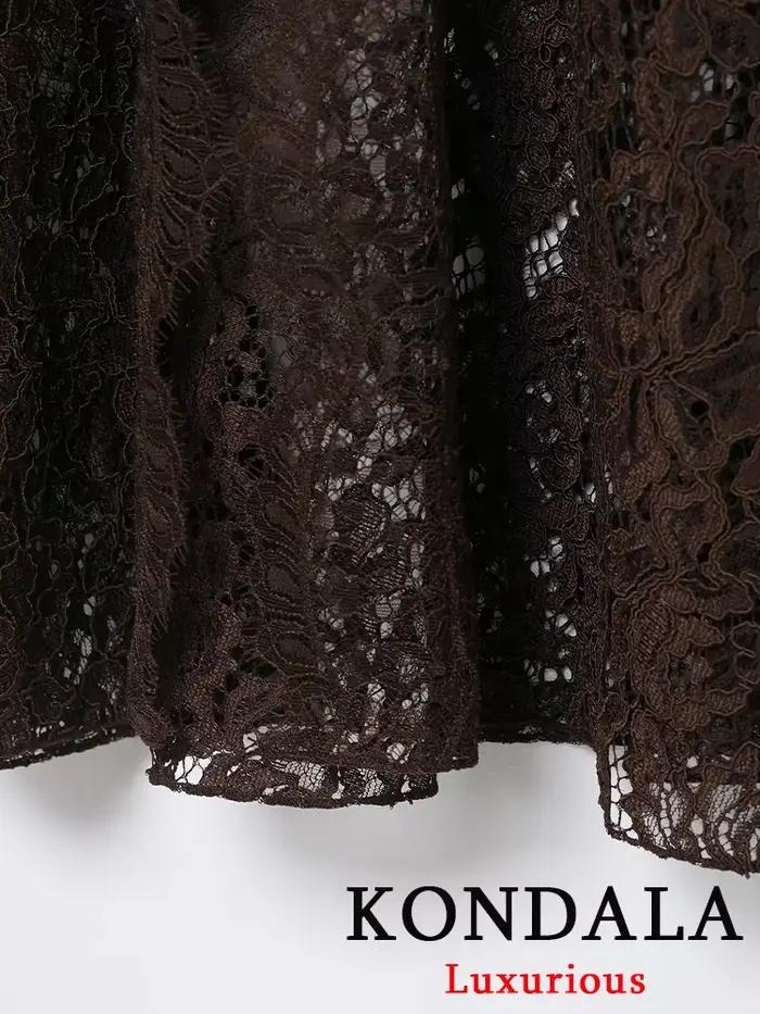KONDALA Vintage Chic chocolat marron Satin jupes avant fendu dentelle Midi