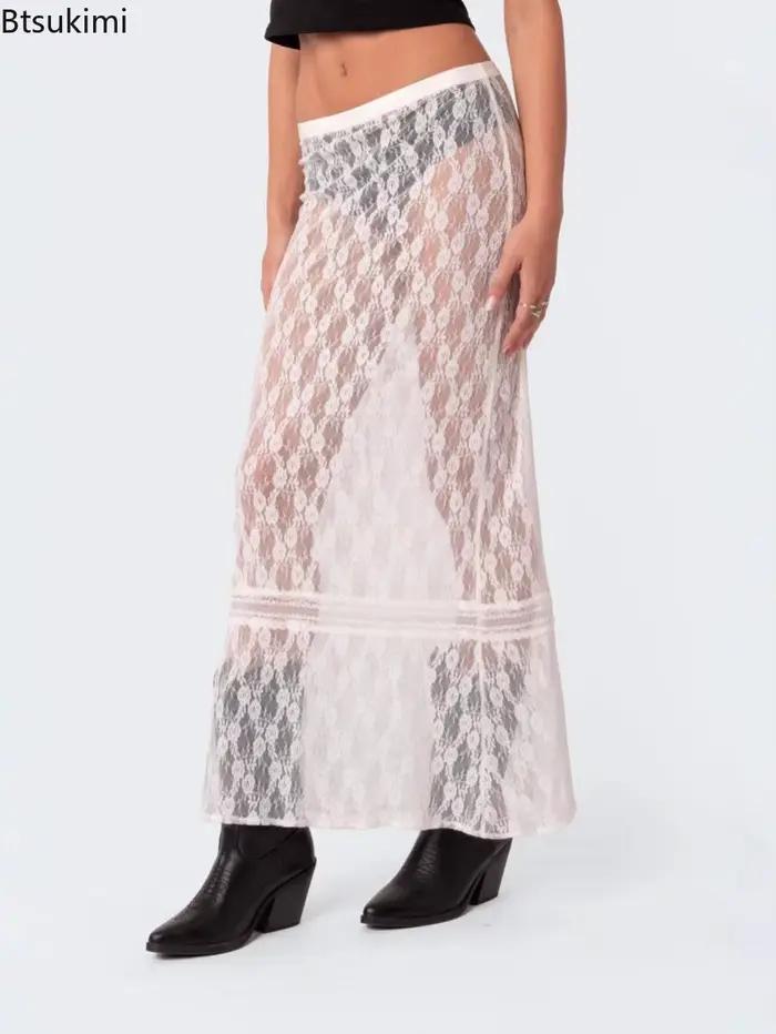 Jupe longue sexy en dentelle et résille transparente pour femme 2026