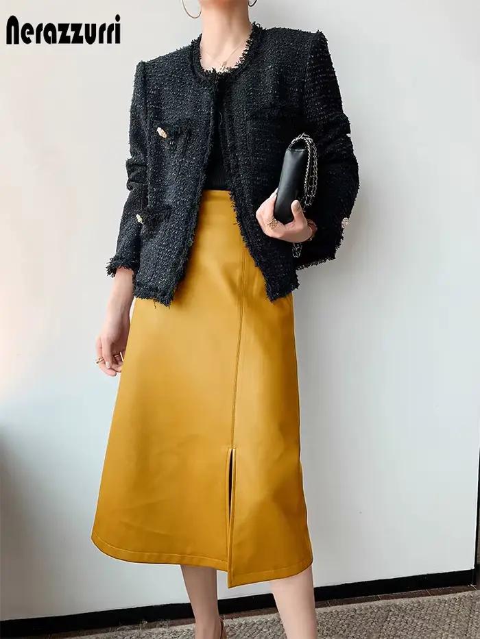 Jupe midi Nerazzurri en simili cuir jaune et noir pour femmes, style bureau, taille haute, polyvalente pour toutes les occasions