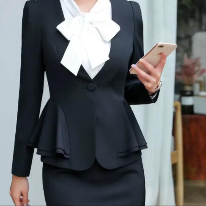 Ensemble jupe courte élégante pour femme, tenue professionnelle à manches longues pour entretien, vêtement de travail formel OL, robe de bureau en coton pour le trajet quotidien