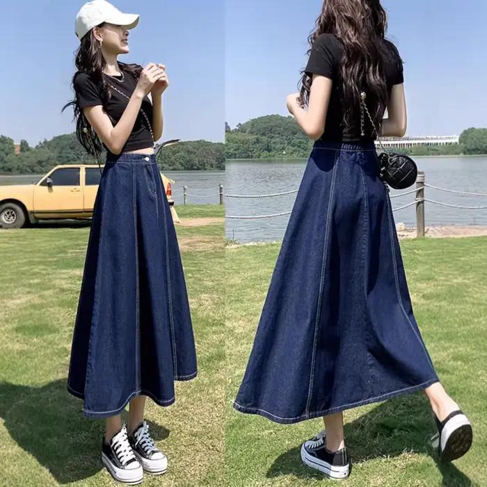 Jupe mi-longue en jean taille haute pour femme