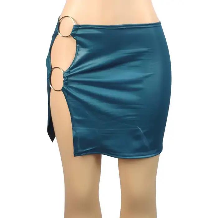 Mini-jupe moulante vintage en similicuir PU avec anneau métallique et fente latérale